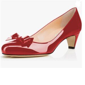 YDN Red Closed Round Toe Pumps Low Heels Shoes with Bowknot for Work Office